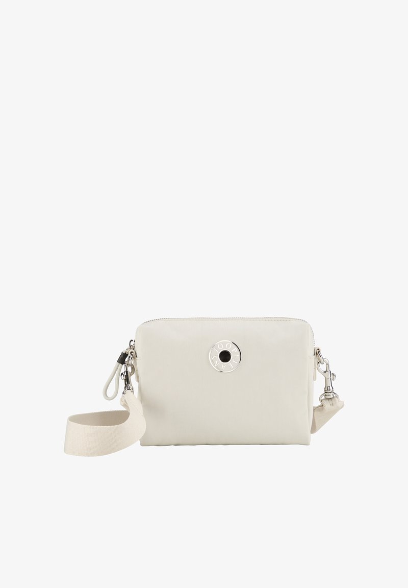 Borsa a tracolla bianca in nylon con superficie texture, hardware circolare argentato, chiusura con zip e una tracolla staccabile per maggiore versatilità.