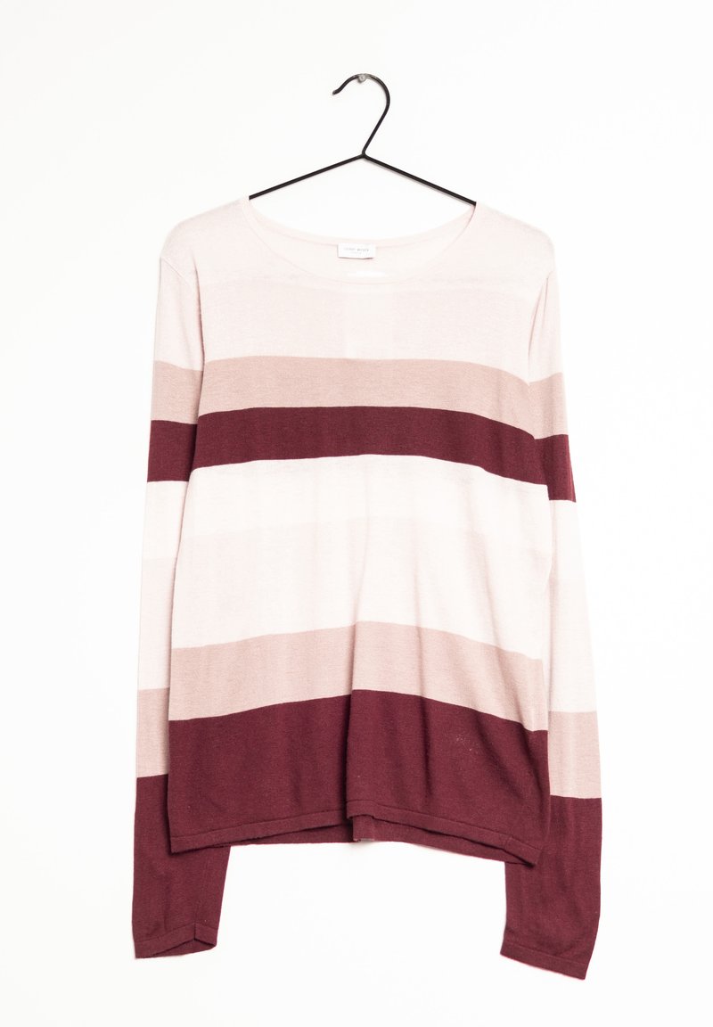 Long-sleeve sweater with horizontal stripes in soft pink, beige, and burgundy, featuring a rounded neckline and a loose fit design.