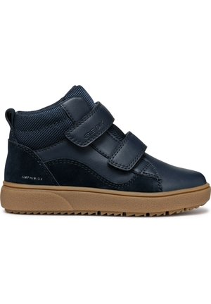 Blauwe Geox hoge sneakers met twee klittenbandsluitingen, van leer en textiel, met rubberen zool en gestructureerde accenten op het bovenwerk.