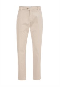 Chinos beige realizzati in cotone morbido con un design a gamba dritta, dotati di chiusura con zip, bottone e passanti per cintura.