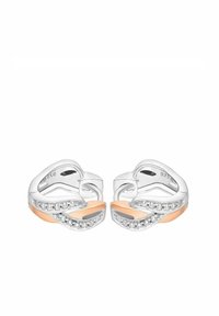 Orecchini in argento sterling con design intrecciato, caratterizzati da dettagli in oro rosa e piccole pietre zirconia incastonate in una fascia curva.