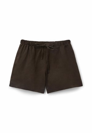 Bruine casual shorts met elastische tailleband en gestrikte trekkoord, vlakke voorkant en rechte beenopeningen op een witte achtergrond.