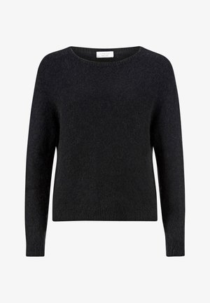 Zwarte trui van pluizig materiaal, met een ronde hals, lange mouwen en geribbelde manchetten. Eenvoudige, effen kleur zonder patronen.