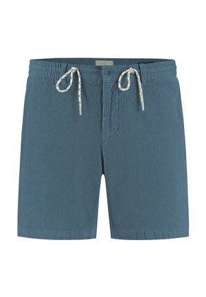 Short de bain bleu côtelé avec taille élastique, fermeture par bouton et cordons blancs avec détails noirs.