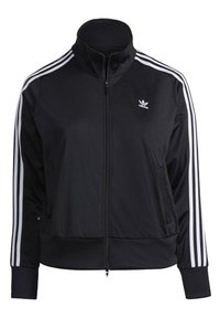Černá běžecká bunda Adidas s bílými třemi pruhy na rukávech, zipem vpředu, vysokým límcem a malým logem na levé části hrudi.