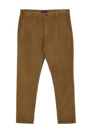 Braune Corduroyhose mit geradem Schnitt, Fronttaschen und einem einzelnen Knopfverschluss. Weiche Textur mit vertikalen Rippendetails.