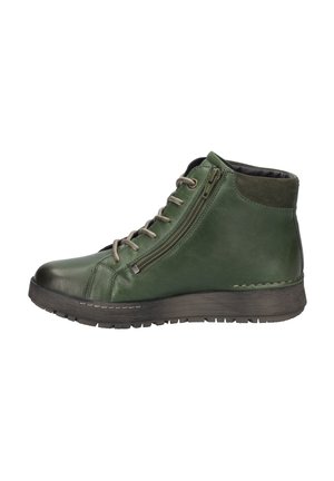 Green leather ankle boots with a rounded toe, textured surface, lace-up front, and side zipper. Rubber sole with slight heel for support.