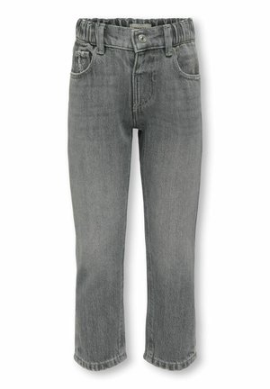 Szare dżinsy dla małego dziecka z elastycznym paskiem w talii, zapinane na guzik z przodu, z szlufkami na pasek oraz kieszeniami z przodu i z tyłu.