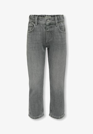 Jean en denim gris pour tout-petit avec taille élastique, bouton à l'avant, passants pour ceinture et poches avant et arrière.