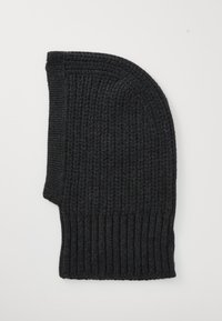 Black knit beanie with a ribbed texture, rounded top, and a folded cuff. Features a consistent pattern throughout the fabric.