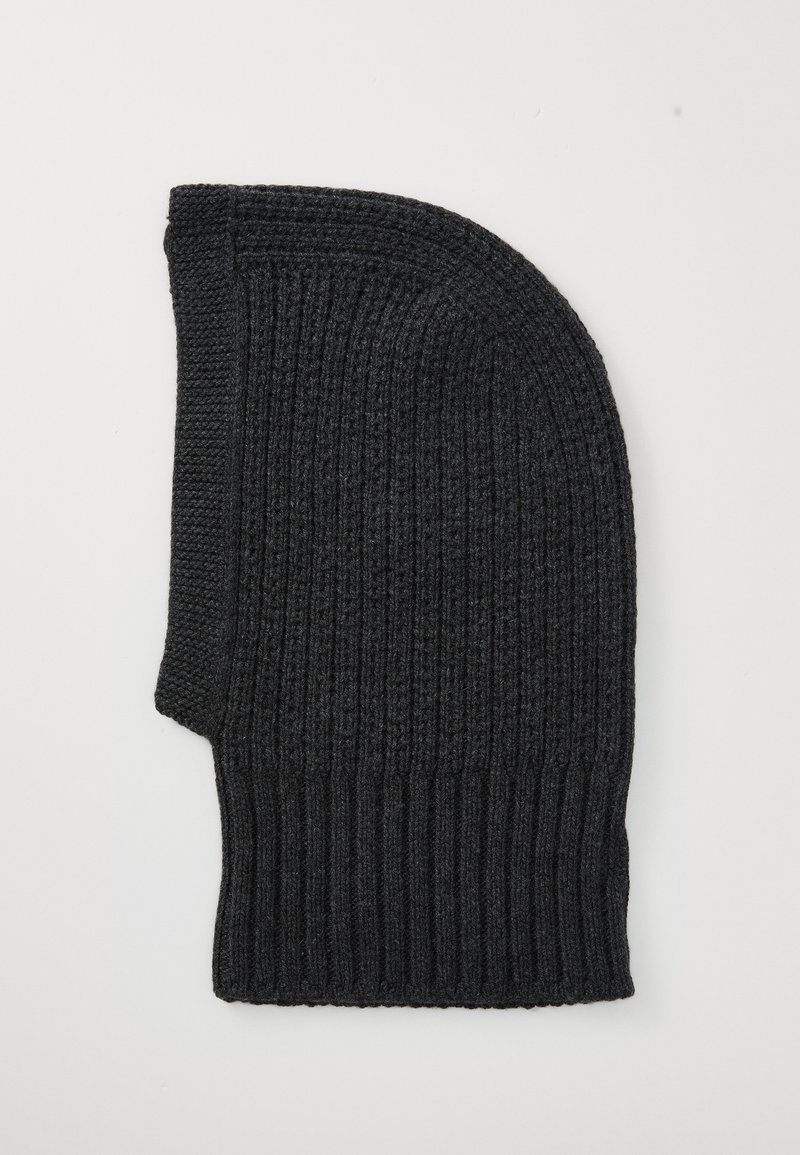 Black knit beanie with a ribbed texture, rounded top, and a folded cuff. Features a consistent pattern throughout the fabric.