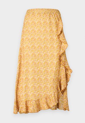 Κίτρινη φλοράλ φούστα με λεπτομέρεια σε ρίγες κατά μήκος της πλευράς, φτιαγμένη από ελαφρύ ύφασμα και με ελαστική ζώνη στη μέση για άνεση.