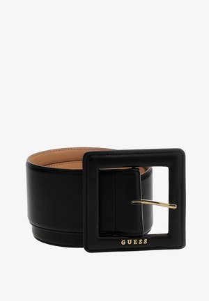Ceinture en cuir noir au design large, avec une boucle carrée en ton or et une doublure intérieure beige ; présente un nom de marque délicatement embossé.