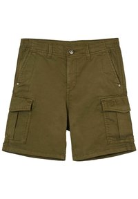 Khaki szorty cargo z bocznymi kieszeniami z klapą, paskami na pasek, zapięciem na guzik z przodu oraz naszywką "PEPE JEANS" na prawej klapie kieszeni.