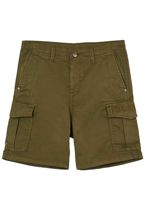 Kaki cargo shorts dengan saku flaps samping, loop sabuk, penutupan tombol depan, dan "PEPE JEANS" yang disulam di flap saku kanan.