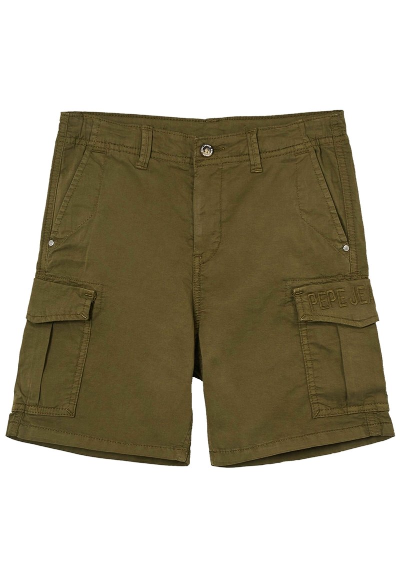 Khaki szorty cargo z bocznymi kieszeniami z klapą, paskami na pasek, zapięciem na guzik z przodu oraz naszywką "PEPE JEANS" na prawej klapie kieszeni.