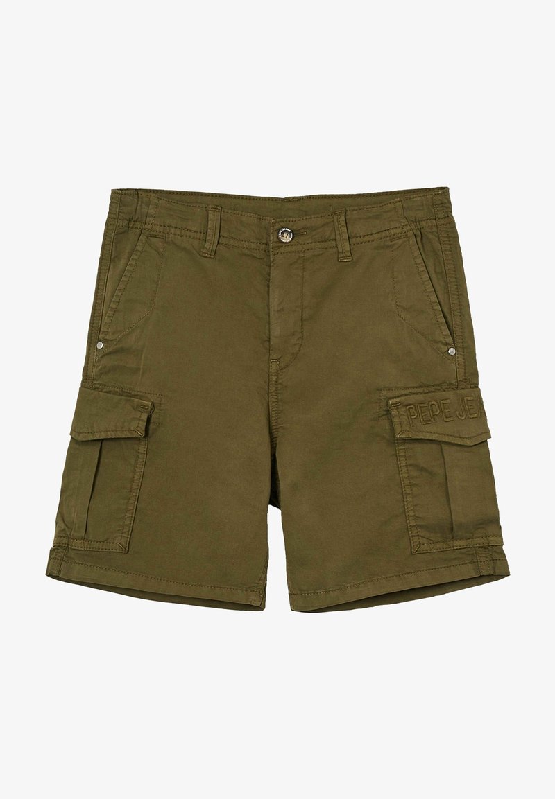 Kaki Cargo-Shorts mit seitlichen Klappentaschen, Gürtelschlaufen, Frontknopfverschluss und "PEPE JEANS" auf der rechten Taschenkappe gestickt.