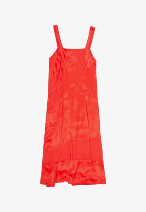 Robe sans manches en satin rouge vif avec encolure carrée et coutures apparentes, étalée à plat sur fond blanc.