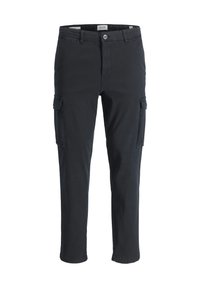 Czarne spodnie cargo wykonane z lekkiego materiału, z bocznymi kieszeniami, zamkiem błyskawicznym i prostym krojem nogawki.
