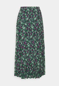 Blumen-Maxi-Rock in Grün, mit einem Muster aus lila und hellgrünen Blumen, elastischem Bund und ausgestellt geschnittenem Saum.