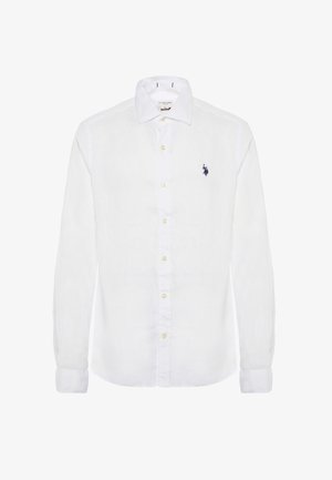 Camicia in lino bianco con colletto classico, maniche lunghe e bottoni gialli. Logo navy notevole sul petto sinistro. Texture morbida.