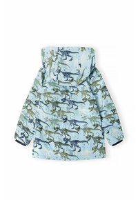 Vodoodporna jakna z vzorcem modrega dinozavrjega okostja. Ima kapuco, elastične manšete in gladko teksturo.