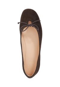 Brown suede ballet flat with a rounded toe, featuring a small cut-out, and a matching bow at the front on a beige insole.