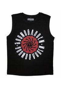 Black sleeveless tank top featuring a central red graphic design with swirling patterns and the text "SOUNDGARDEN" in white around it.