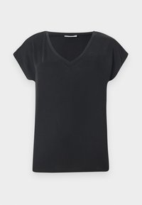 T-shirt en coton noir avec col en V et manches courtes légèrement couvrantes. Texture lisse, coupe décontractée, sans motifs ni éléments visibles.