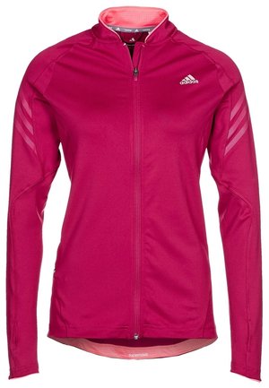 Veste de running Adidas rose à fermeture éclair intégrale, manches longues, col montant et bandes réfléchissantes sur le haut des bras.