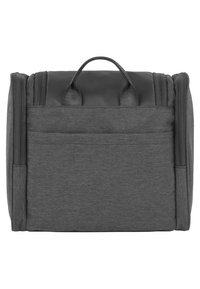 Gray fabric backpack with a padded top, dual handles, and a textured finish. Features a rear pocket for additional storage.