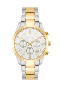 Reloj de acero inoxidable en plateado y dorado con una esfera blanca, tres subesferas y pantalla de fecha. Presenta una combinación de acabados cepillados y pulidos.