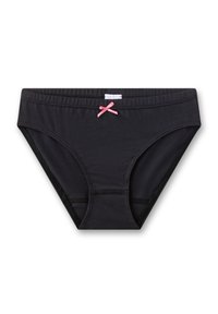 Zwarte katoen bikini-ondergoed met een roze strikaccent aan de voorkant en een elastische tailleband. Heeft een zachte textuur en contrasterende stiksels.