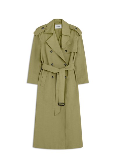 Ελαφρύ χακί διπλόκαμπτο παλτό καμπαρντίνας με ζώνη στη μέση, επιθέματα στους ώμους και φαρδιές πέτσες.