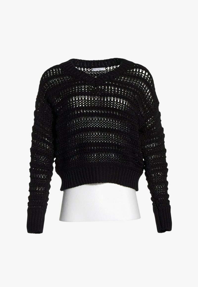 Pull court noir à manches longues en maille ajourée avec poignets, ourlet et encolure côtelés, présenté sur un buste de mannequin blanc.