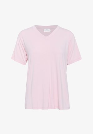 Light pink V-neck T-shirt with short sleeves, made from soft fabric, featuring a relaxed fit and a smooth texture. Label reads "KAYAA."