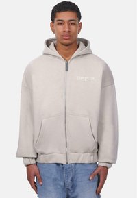 Haut de sweatshirt zippé gris clair avec capuche, poches avant et poignets élastiques. Présente "Dropsize" en script blanc sur la zone de la poitrine gauche.