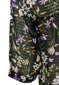 Μαύρος διαφανής ύφασμα με floral σχέδιο σε μωβ, άσπρο, κίτρινο και πράσινο, με μακριά φουσκωτά μανίκια με μανσέτες με κουμπιά.