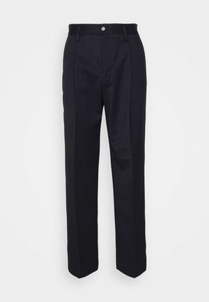 Black tailored trousers with a straight-leg design, made of smooth fabric, featuring a front button closure and two side pockets.