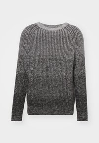 Maglione lavorato a maglia nero e grigio con scollatura a girocollo, maniche lunghe e una texture sfumata, caratterizzato da una vestibilità ampia e polsini a coste.