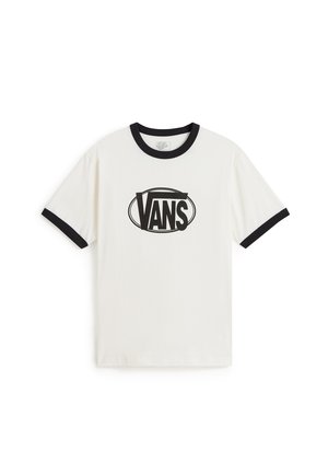 T-shirt bianca con colletto e polsini neri. Presenta un grande logo "VANS" nero in un design ovale al centro. Realizzata in cotone.