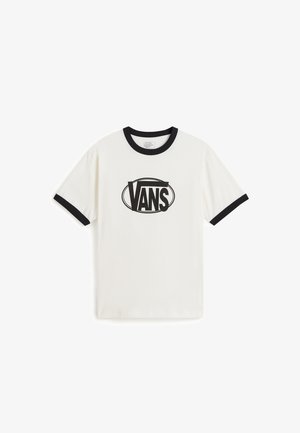 T-shirt bianca con colletto e polsini neri. Presenta un grande logo "VANS" nero in un design ovale al centro. Realizzata in cotone.