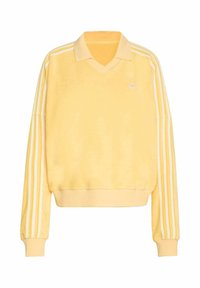 Žlutá fleecová mikina s výstřihem do V, bílými třemi pruhy na rukávech a malým logem na hrudi.