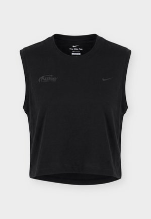 Μαύρο αμάνικο καλοκαιρινό αθλητικό τοπ Nike Dri-FIT με στρογγυλή λαιμόκοψη και διακριτικά λογότυπα Nike στο στήθος και στο γιακά.