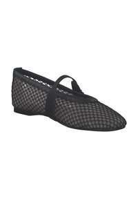 Chaussure plate de ballet en mesh noir avec bout arrondi, talon bas, et une fine bride unique sur le dessus.