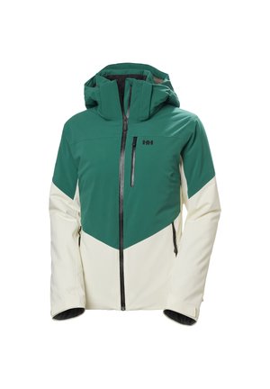 Grüne und cremefarbene wasserdichte Jacke mit hohem Kragen, Reißverschluss vorne und kontrastierendem, dreieckigem Farbblockdesign. Verfügt über eine Brusttasche.