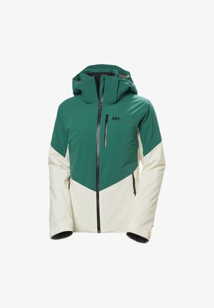 Groene en crèmekleurige waterdichte jas met een hoge kraag, ritssluiting aan de voorkant en contrasterend driehoekig kleurblokontwerp. Voorzien van een borstzak.