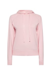 Felpa rosa chiaro realizzata in tessuto morbido, con chiusura a cordoncino, maniche raglan e polsini e orlo a coste. Design semplice, senza fantasie.