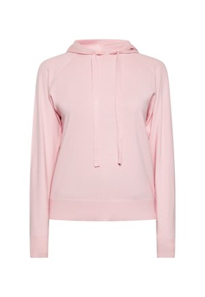 Felpa rosa chiaro realizzata in tessuto morbido, con chiusura a cordoncino, maniche raglan e polsini e orlo a coste. Design semplice, senza fantasie.