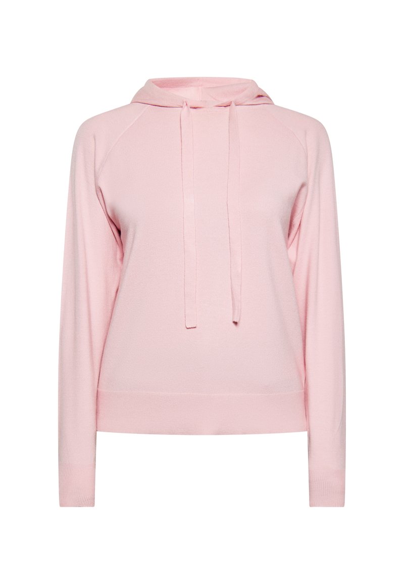 Felpa rosa chiaro realizzata in tessuto morbido, con chiusura a cordoncino, maniche raglan e polsini e orlo a coste. Design semplice, senza fantasie.